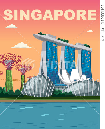 Vintage Style Travel Poster of Singapore City Skyline at Sunset Vintage Style Travel Poster of Singapore City Skyline at Sunset 139631162