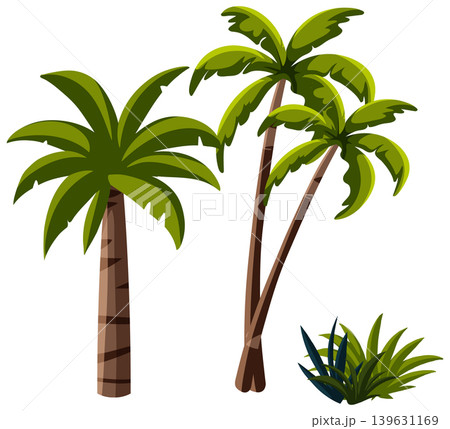 Tropical Palm Trees and Green Bush Vector Illustration on White Background Tropical Palm Trees and Green Bush Vector Illustration on White Background 139631169