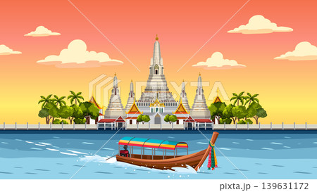 Traditional Thai Longtail Boat Passing Wat Arun Temple in Bangkok at Sunset Traditional Thai Longtail Boat Passing Wat Arun Temple in Bangkok at Sunset 139631172