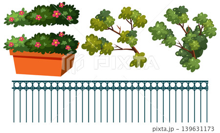 Vector City Garden Elements with Potted Flowers and Metal Fence Vector City Garden Elements with Potted Flowers and Metal Fence 139631173