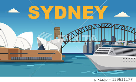 Flat Vector Illustration of Sydney Harbor with Opera House and Bridge Flat Vector Illustration of Sydney Harbor with Opera House and Bridge 139631177