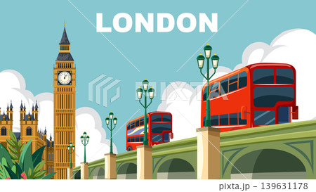 Flat Design London Travel Poster with Westminster Bridge and Big Ben Flat Design London Travel Poster with Westminster Bridge and Big Ben 139631178