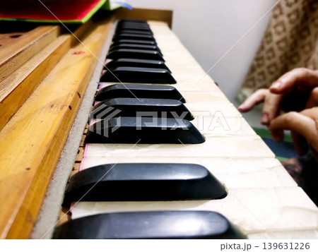 Woman Hand Playing Harmonium Keyboard. Traditional Indian Musica Woman Hand Playing Harmonium Keyboard. Traditional Indian Musica 139631226
