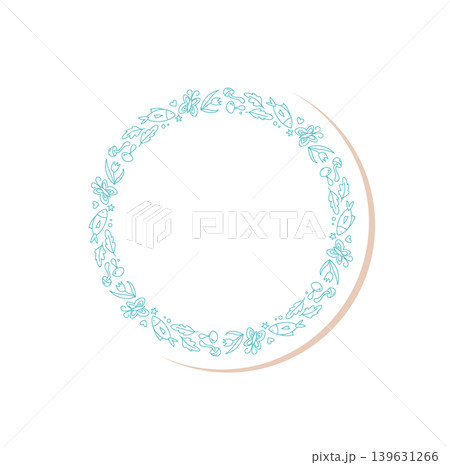 Circular frame with adventure, mountain, camp, and outdoor doodle outline. Nature and hiking label design, forest hand drawn graphic in blue. Ideal as circular frame for adventure or nature themed Circular frame with adventure, mountain, camp, and outdoor doodle outline. Nature and hiking label design, forest hand drawn graphic in blue. Ideal as circular frame for adventure or nature themed 139631266