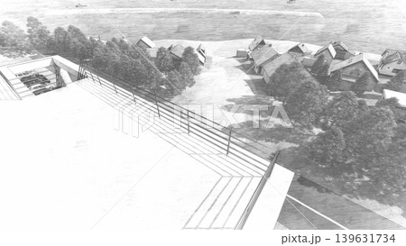 津波・水害時の高台避難訓練と避難タワーの3DCGイメージ　人無し 139631734