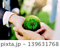 People hold green globes, a symbol of recycling, against a green spring backdrop. A concept for Earth Day. 139631768