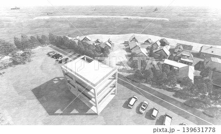 津波・水害時の高台避難訓練と避難タワーの3DCGイメージ　人無し 139631778
