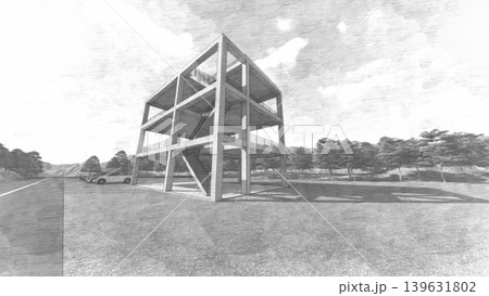 津波・水害時の高台避難訓練と避難タワーの3DCGイメージ 人無し 津波・水害時の高台避難訓練と避難タワーの3DCGイメージ 人無し 139631802