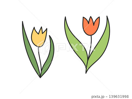 Colorful flower sketch with cartoon doodle style and green outline. Nature flower drawing in a cute adventure icon, with graphic and colorfull camp theme for creative elements. 139631998
