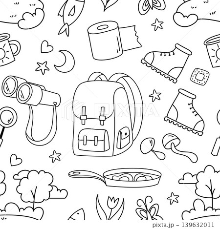 Seamless camping adventure outline doodle sketch in black and white pattern. Camping pattern with backpack, outdoor equipment, and hiking graphic, arranged as adventure theme for camp nature Seamless camping adventure outline doodle sketch in black and white pattern. Camping pattern with backpack, outdoor equipment, and hiking graphic, arranged as adventure theme for camp nature 139632011