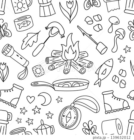 Seamless campfire sketch pattern with tent and compass outline in black and white. Outdoor adventure forest camp background, doodle style, perfect for seamless pattern backpack themes. Seamless campfire sketch pattern with tent and compass outline in black and white. Outdoor adventure forest camp background, doodle style, perfect for seamless pattern backpack themes. 139632012
