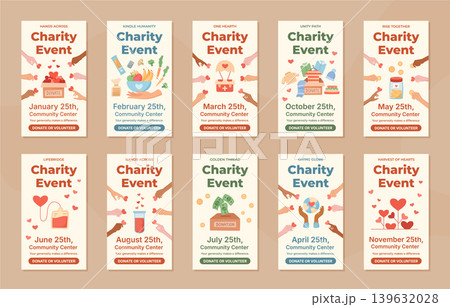 Charity event banner set in flat style. Community poster layout for people who donate and volunteer as support and help. Heart theme with donation message useful as template for social media 139632028