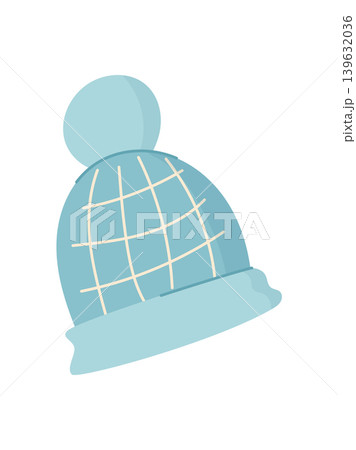 Warm winter cap in flat cartoon graphic style. Soft clothes hat as cute cloth textile gift for needy kid and child. Simple blue beanie for donate charity support and community welfare projects Warm winter cap in flat cartoon graphic style. Soft clothes hat as cute cloth textile gift for needy kid and child. Simple blue beanie for donate charity support and community welfare projects 139632036