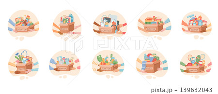 Help gift box set with hand and heart. Donation box with toy, book and cloth as care for children kid. Food goods in brown container as support for poor people community welfare Help gift box set with hand and heart. Donation box with toy, book and cloth as care for children kid. Food goods in brown container as support for poor people community welfare 139632043