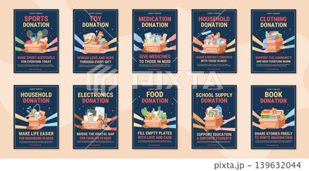 Colorful set of charity donate box banner with flat style and dark blue background. Support people with gift box and care message as community share symbol help poster for donation social print 139632044
