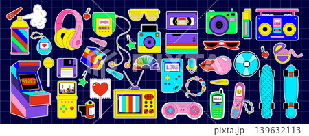 Y2k cute retro cartoon sticker set in flat pop style. Fun stickers as 90s and 2000s elements with tv, cassette, and game add vibrant charm. Modern bundle of sticker graphics for playful Y2k cute retro cartoon sticker set in flat pop style. Fun stickers as 90s and 2000s elements with tv, cassette, and game add vibrant charm. Modern bundle of sticker graphics for playful 139632113