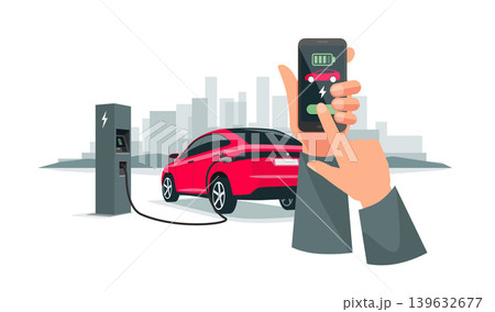 Hands Holding Smartphone with Charging App and Electric Car Recharging Batteries 139632677