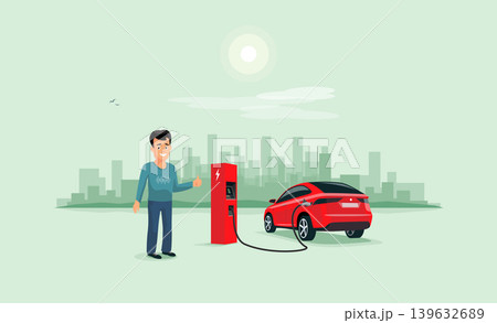 Smiling Man with Red Electric Car SUV Charging and City Skyline Smiling Man with Red Electric Car SUV Charging and City Skyline 139632689