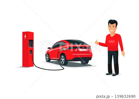 Isolated Smiling Man with Red Electric Car SUV Charging 139632690