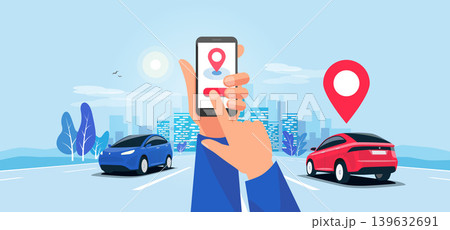 Traffic on the Highway and Hands with Smartphone Car App and City Skyline 139632691