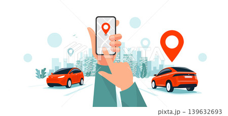 Traffic on the Highway and Hands with Smartphone Car App and City Skyline 139632693
