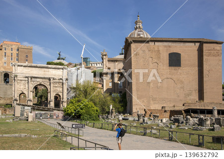 Rome, Italy - August 17, 2019: View of the ancient structures of the Roman Forum Rome, Italy - August 17, 2019: View of the ancient structures of the Roman Forum 139632792