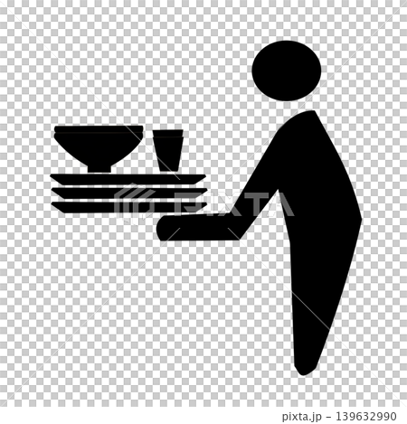 A pictogram of a person carrying dishes on a tray. A pictogram of a person carrying dishes on a tray. 139632990