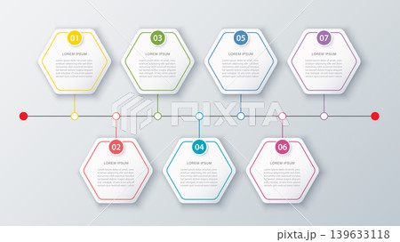 Business infographic horizontal timeline with seven steps options process. Business infographic horizontal timeline with seven steps options process. 139633118