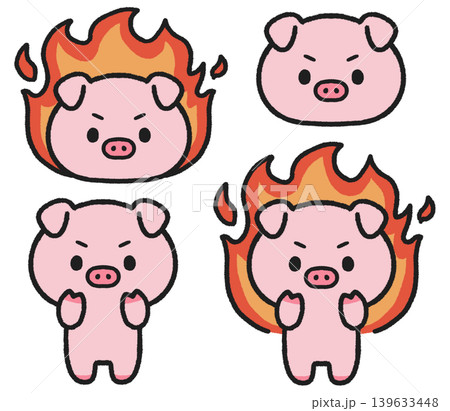 熱い、やる気に燃えているブタのイラストセット	 139633448