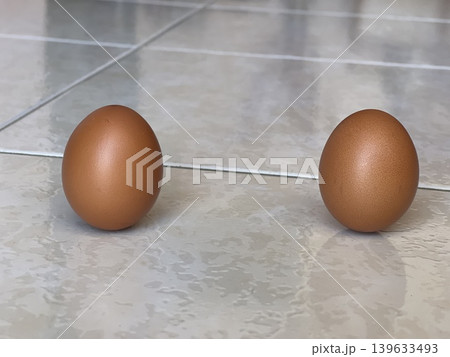 Two Brown Eggs Balancing Upright On Tiled Floor For Lichun Festival 139633493