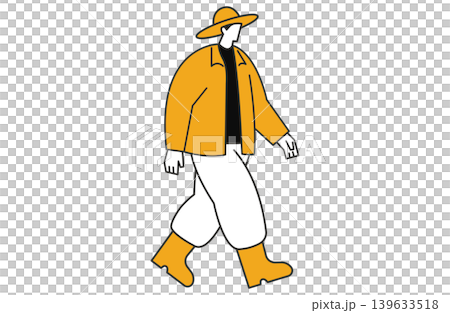 A man walking in farming clothes and a straw hat. A man walking in farming clothes and a straw hat. 139633518