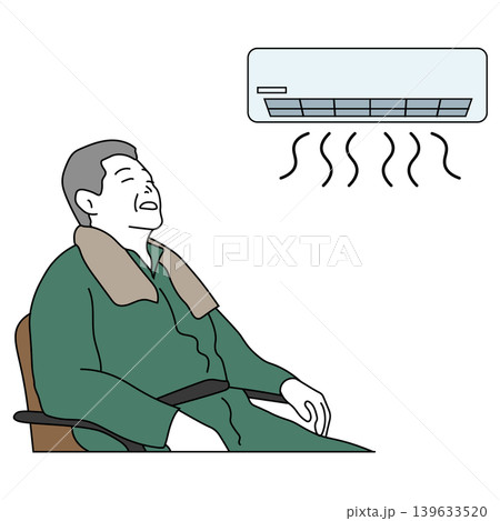 エアコンの冷風を浴びて涼む高齢男性のカラー線画イラスト 139633520