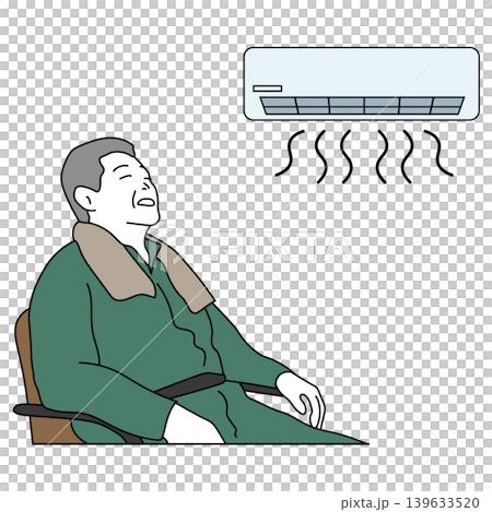 エアコンの冷風を浴びて涼む高齢男性のカラー線画イラスト 139633520