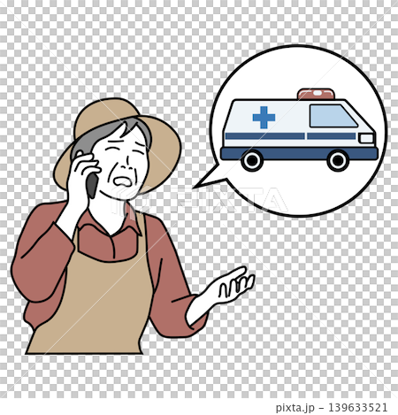 A color line drawing illustration of a female farmer who calls an ambulance after suffering from heatstroke while working in the fields. A color line drawing illustration of a female farmer who calls an ambulance after suffering from heatstroke while working in the fields. 139633521
