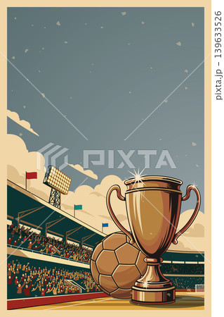 Golden trophy and soccer ball with confetti in the stadium for champion celebration poster retro style vertical template have blank space. Golden trophy and soccer ball with confetti in the stadium for champion celebration poster retro style vertical template have blank space. 139633526