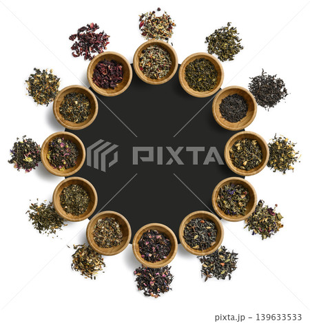 Colorful herb presentation. Bright circular arrangement showcasing dried herbs and tea blends Colorful herb presentation. Bright circular arrangement showcasing dried herbs and tea blends 139633533