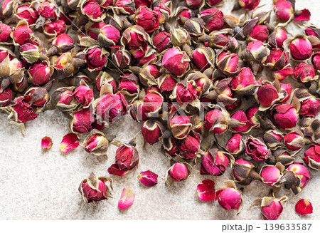 Dried rose buds prepared for herbal tea 139633587