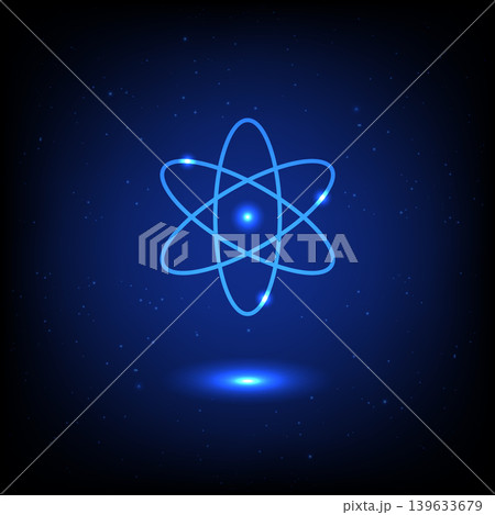 Abstract glowing atom icon with electrons and nucleus on a dark blue starry space background 139633679