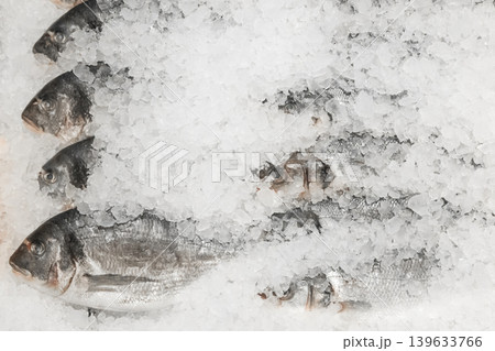 Raw frozen fish cold ice fresh seafood supermarket counter sea food Raw frozen fish cold ice fresh seafood supermarket counter sea food 139633766