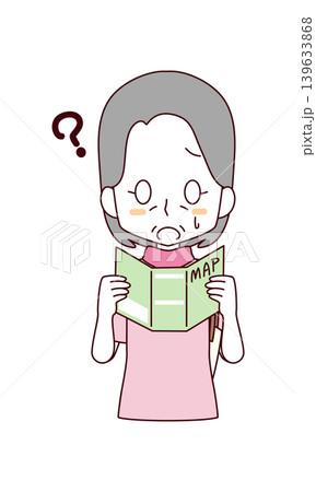 紙の地図を持ちながら迷子になっている高齢女性のイラスト 紙の地図を持ちながら迷子になっている高齢女性のイラスト 139633868