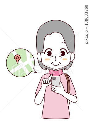 スマートフォンで地図を見る高齢女性のイラスト スマートフォンで地図を見る高齢女性のイラスト 139633869