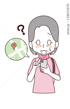 スマートフォンで地図を見ながら迷子になっている高齢女性のイラスト スマートフォンで地図を見ながら迷子になっている高齢女性のイラスト 139633870