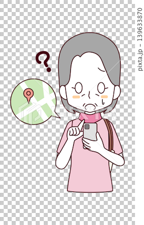 スマートフォンで地図を見ながら迷子になっている高齢女性のイラスト スマートフォンで地図を見ながら迷子になっている高齢女性のイラスト 139633870