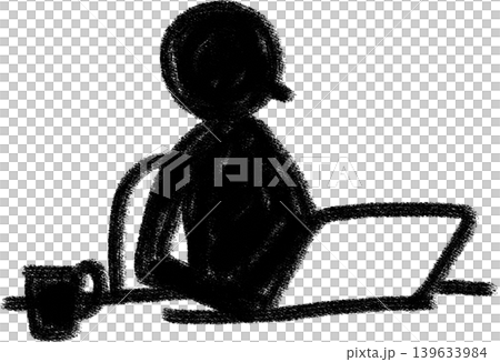 A hand-painted silhouette icon of a person working on a computer, with a cup of coffee beside them, showing only the upper body. A hand-painted silhouette icon of a person working on a computer, with a cup of coffee beside them, showing only the upper body. 139633984