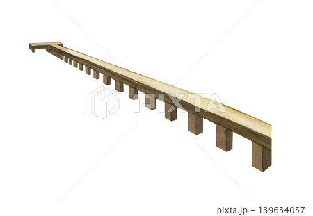 Watercolor illustration of a single modular wooden pier or boardwalk section. The segment is shown in a three-quarter perspective isolated on a white background. The artwork shows weathered wood Watercolor illustration of a single modular wooden pier or boardwalk section. The segment is shown in a three-quarter perspective isolated on a white background. The artwork shows weathered wood 139634057
