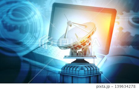 Satellite dish with laptop. futuristic communication technology Satellite dish with laptop. futuristic communication technology 139634278