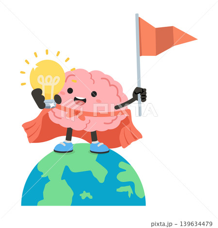 Brain Character Holding Light Bulb And Flag On Earth 139634479