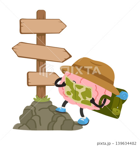 Cartoon Brain Holding Map Near Signpost Cartoon Brain Holding Map Near Signpost 139634482