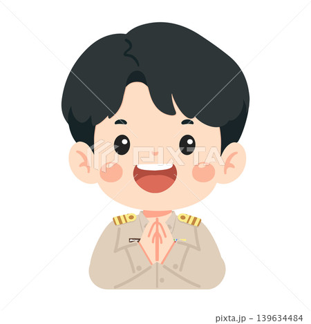 Man Wearing Thai Uniform Greeting With Wai Gesture Man Wearing Thai Uniform Greeting With Wai Gesture 139634484