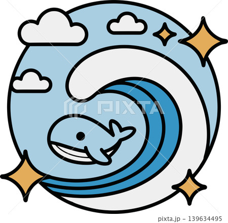 Cute Whale and Ocean Wave Illustration with Clouds and Stars Cute Whale and Ocean Wave Illustration with Clouds and Stars 139634495